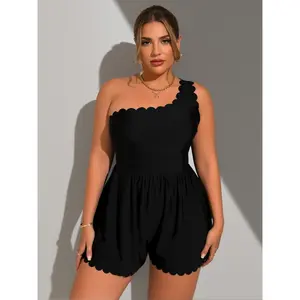 Black Plus Size Swim Romper - One-Shoulder Design, Scallop Trim & Tummy Control |       Versatile Modest Swimsuit for Summer Vacations, Beach BBQs & Poolside Lounging |       Lightweight Material & Flattering Fit for Curvy Women!