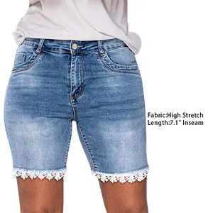 Flamingals Lace Trim Raw Hem Mid Waist Denim Mid Thigh Shorts Jean Fit  Blue Casual