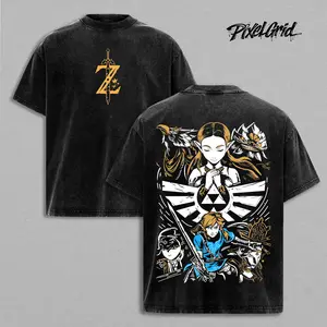 Zelda Tears of the Kingdom Washed T Shirt | Link Princess Zelda Midna Epona Triforce Graphic Tee | Hero of Hyrule Courage Wisdom Power Fantasy Game Streetwear Gift