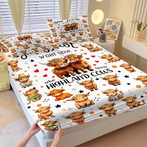 3-Piece Cartoon Highland Cow Fitted Sheet Set, 1 Fitted Sheet + 2 Pillowcases, Soft Breathable Fabric, Non-Slip Mattress Cover, Cute Cow Print Bedding, Great for Kids Bedroom, Nursery Decor or Gift