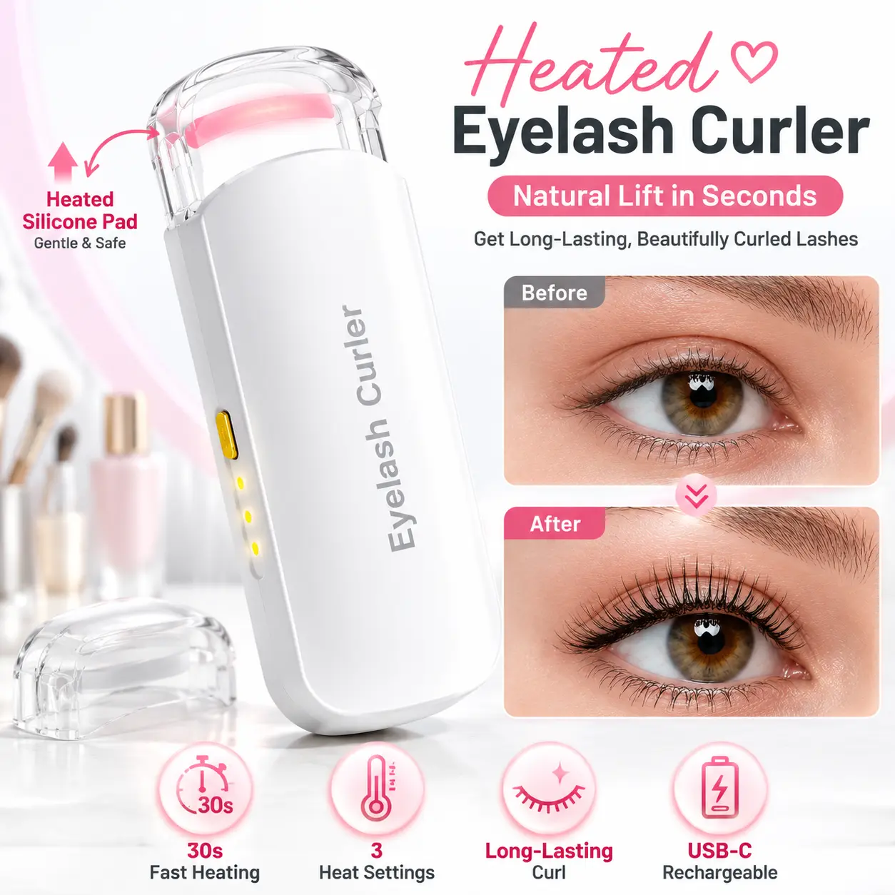 Rechargeable Heated Eyelash Curler, Electric Lash Curler with 3 Heat Settings, USB Portable Eyelash Curler for Women, Natural Long-Lasting Lash Curl Without Mascara