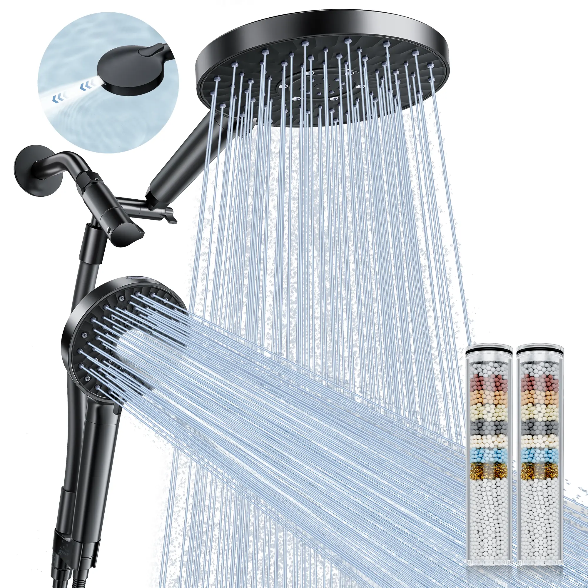 Magichome Chrome Finish Mother-Child Handheld Shower Head Combo Pack - High-Pressure 10-Speeds Multi-Intensity Head Handheld Showers with Included Stainless Steel Hose, Water Softener Beads for Hard Water Chlorine Removal