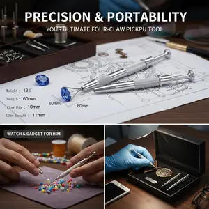 Mini Jewelry Tweezers with 4 Claws, Portable Jewel Pickup Tool for Beading, Watch Repair, Glasses Maintenance, Men's Gift, Handle, Stainless Steel Tweezers