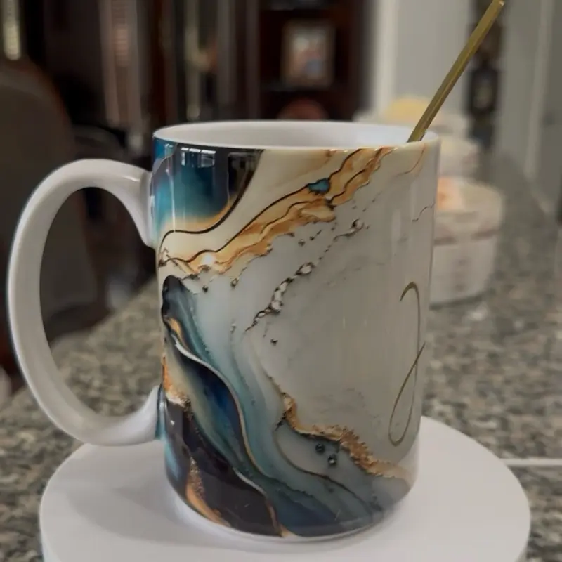 Personalized Blue and Gold Marble Coffee Mug with Name, Elegant Custom Ceramic Mug, Luxury Marble Wrap Design Cup, Aesthetic Office Mug