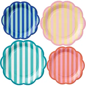 Domensi 60 Pcs Scalloped Pastel Summer Paper Plates 30 9" + 30 7" Stripe Pastel Paper Plates for Summer Pool Birthday Bachelorette Party Decoration Supplies