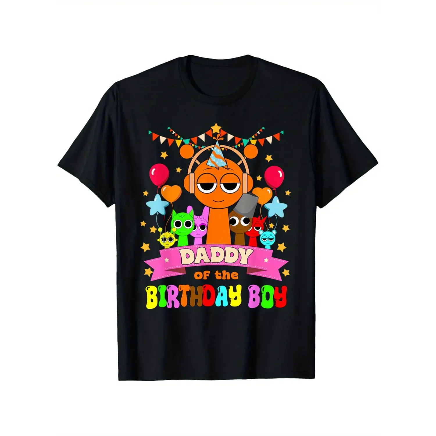 Gift for Father's Day Birthday Party T-Shirt Daddy Of The Birthday Boy Sprunki Theme Black Cotton