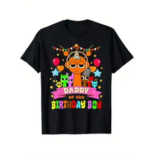 Gift for Father's Day Birthday Party T-Shirt Daddy Of The Birthday Boy Sprunki Theme Black Cotton