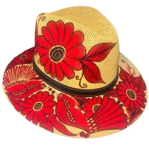 Hand Painted Straw Fedora Beige Hat with Red Floral Designs and Bird Motifs