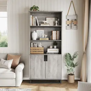 Garvee 5-tier bookshelf with adjustable shelves and doors, tall shelf with metal legs, rustic shelf for living room, apartment, office