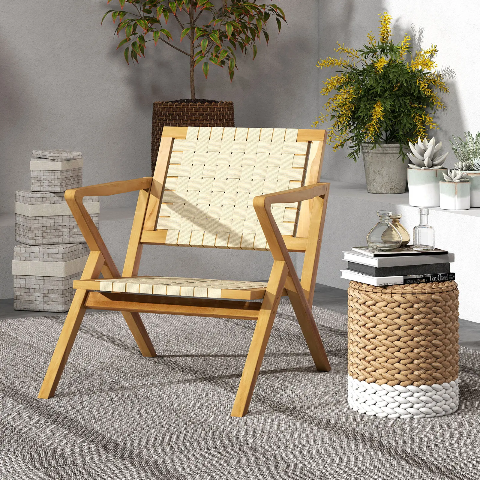 COSTWAY - Outdoor and Indoor Teak Wood Patio Chair wuth Webbing Seat and Backrest-Natural