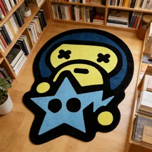 Trendy cartoon monkey star shaped carpet, blue and yellow contrasting velvet floor mat, study anti slip and wear-resistant foot mat, personalized trendy space decoration mat, suitable for ins style/street trendy play, home decoration, Cartoon Pattern Rug