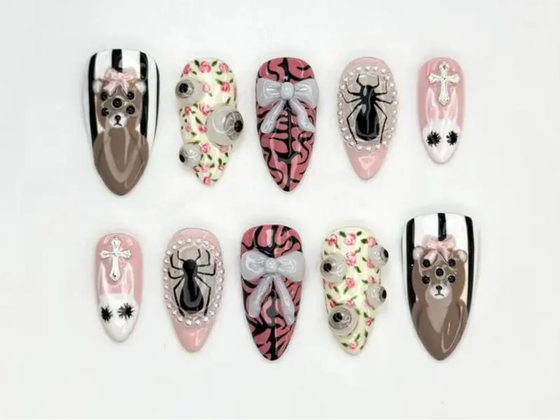Creepy Cute Teddy Press On Nails | 3D Bear & Bow Nails | Gothic Pastel Floral Nail Art | Soft Horror Pink Press Ons