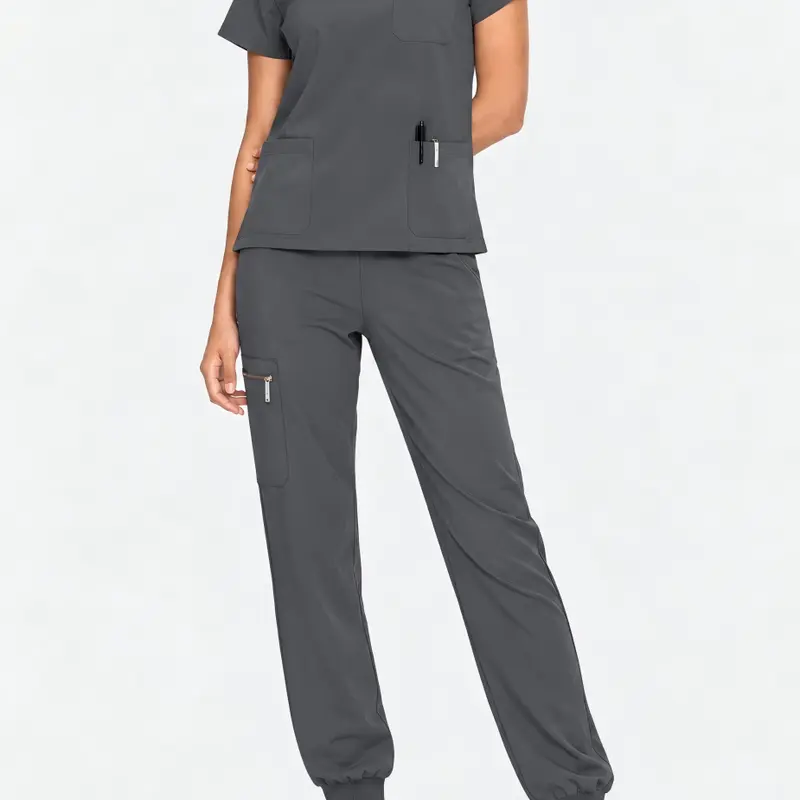 EADFLIE Lady's Sporty Chic 2-Piece Scrubs Set for Women - Stretch Spandex V-Neck Short-Sleeve Fitted Top & Jogger Pants with 8 Pockets, Comfortable for Long Shifts, Stylish Minimalist Functional Clothes for Women Nurses (Rayon-Polyester, High Stretch)