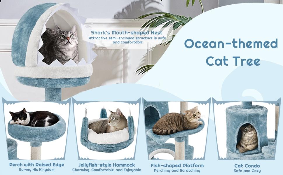Yaheetech 45/61/72″ Ocean-themed Cat Tree, Multi-Level Plush Cat Tower with Condo, Sisal Scratching Posts and Perches
