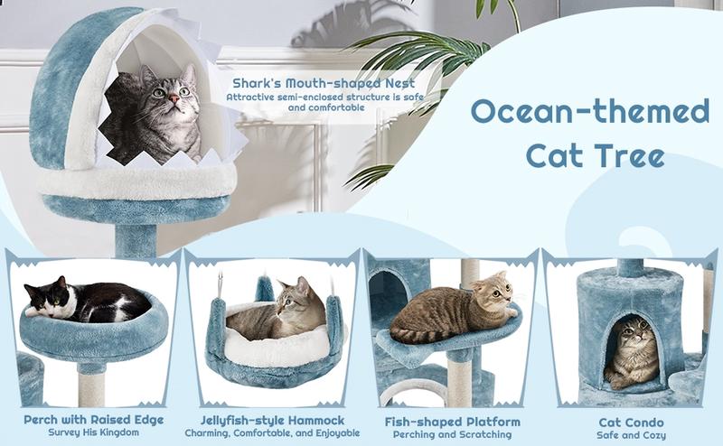 【Valentine Gift】Yaheetech 45/61/72″ Ocean-themed Cat Tree, Multi-Level Plush Cat Tower with Condo, Sisal Scratching Posts and Perches