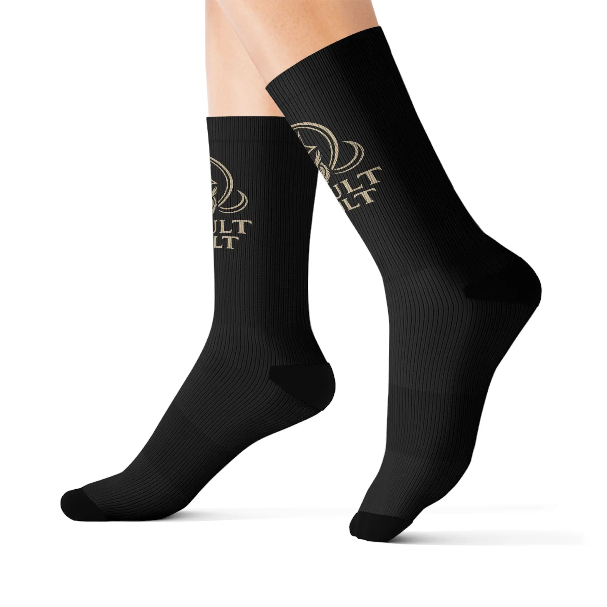 Occult Vault logo Sublimation Socks | Black occult symbol crew socks