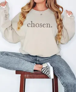 Chosen Bible Verse Sleeve Crewneck Sweatshirt, Bible Quote Faith Shirts Christian Long Sleeve Shirt Sweatshirt