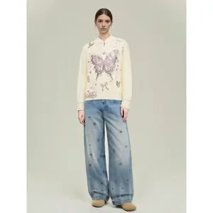 TCH - [100% Sheepskin] New Chinese style stand up collar butterfly hot stamping diamond versatile knitted sweater for women