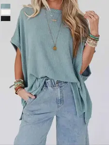 Loose-Fitting Casual Batwing Sleeve Tee, Lightweight Knitted Round Neck Top, Slimming Everyday Wear for Summer Knitwear