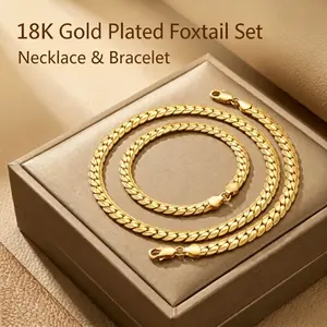 18K Gold Plated Foxtail Jewelry Set - 0.20in Bracelet (7.87in) + Single Necklace (3 Size Options:19.69in/21.65in/23.62in)