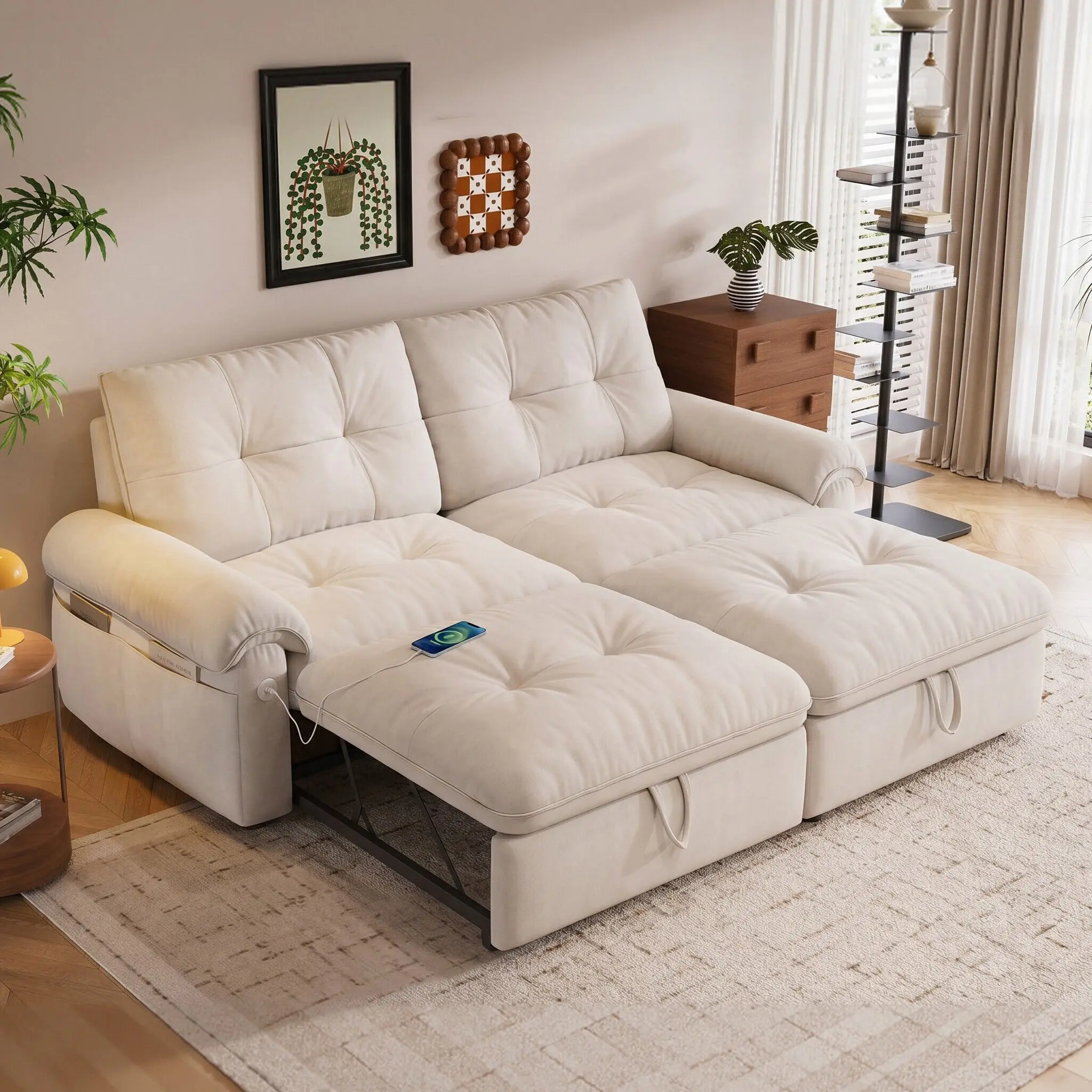 Queen Size Velvet Fabric Convertible Sofa Bed Futon Set - 3-in-1 Adjustable Backrest Couch with Side Pocket, USB Ports for Living Room Small Spaces Indoor Furniture, Fabric Sofa Bed, Convertible Sofa Bed Futon Sets