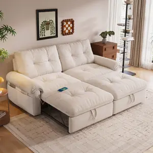 Queen Size 3-in-1 Convertible Velvet Futon Sofa Bed - Adjustable Backrest Couch with Side Pocket, USB Ports, for Living Room, Small Spaces Indoor Furniture