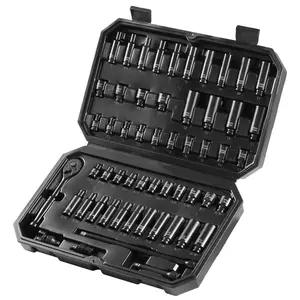 VEVOR 1/4" Drive Impact Sockets Set, 55pcs CR-V Deep/Shallow, SAE(5/32" - 9/16") & Metric(4-15 mm) , 6-Point Drive Bit Ratchet Tool Kit Case with 2 Extension Bars (3" , 8"), 1/4" Drive Ratchet Handle, 1/4" Universal Joint, and 3/8" to 1/4" Adapter
