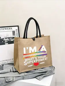 Simple Linen Tote Bag, Printed Handbag"I'm A Paraprofessional" Graphic Jute Tote Bag - Stylish Natural Tote with Black Fabric Handles, Vibrant Rainbow Design, Heart and Arrow Motif, Perfect for Work, Shopping, or Daily UseLarge Capacity, Reusable,