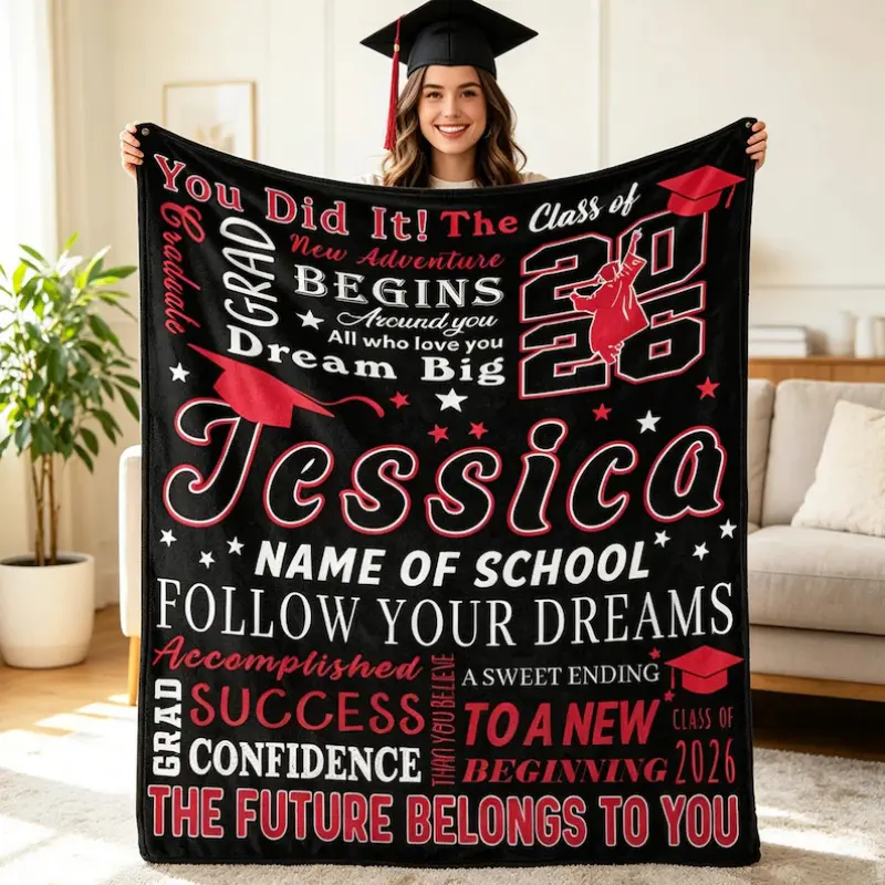 Personalized Graduation Blanket Class of 2026 with Custom Name and School, Black Red Throw for High School College Senior, You Did It Follow Your Dreams Gift, Soft Fleece Keepsake for Daughter Son, Graduation Party Decor