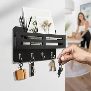 Key Holder Wall Mount with Mail Organizer – 10” Rustic Wooden Key Rack with Hooks, Entryway Key & Mail Holder for Keys, Dog Leash, Sunglasses, Home Decor