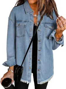 1 Spring Summer Denim Shacket Women | Button Down Frayed Raw Hem Loose Fit Long Sleeve Light Wash Denim Jacket | Casual Chic Vintage Style for Daily Vacation Travel Wear