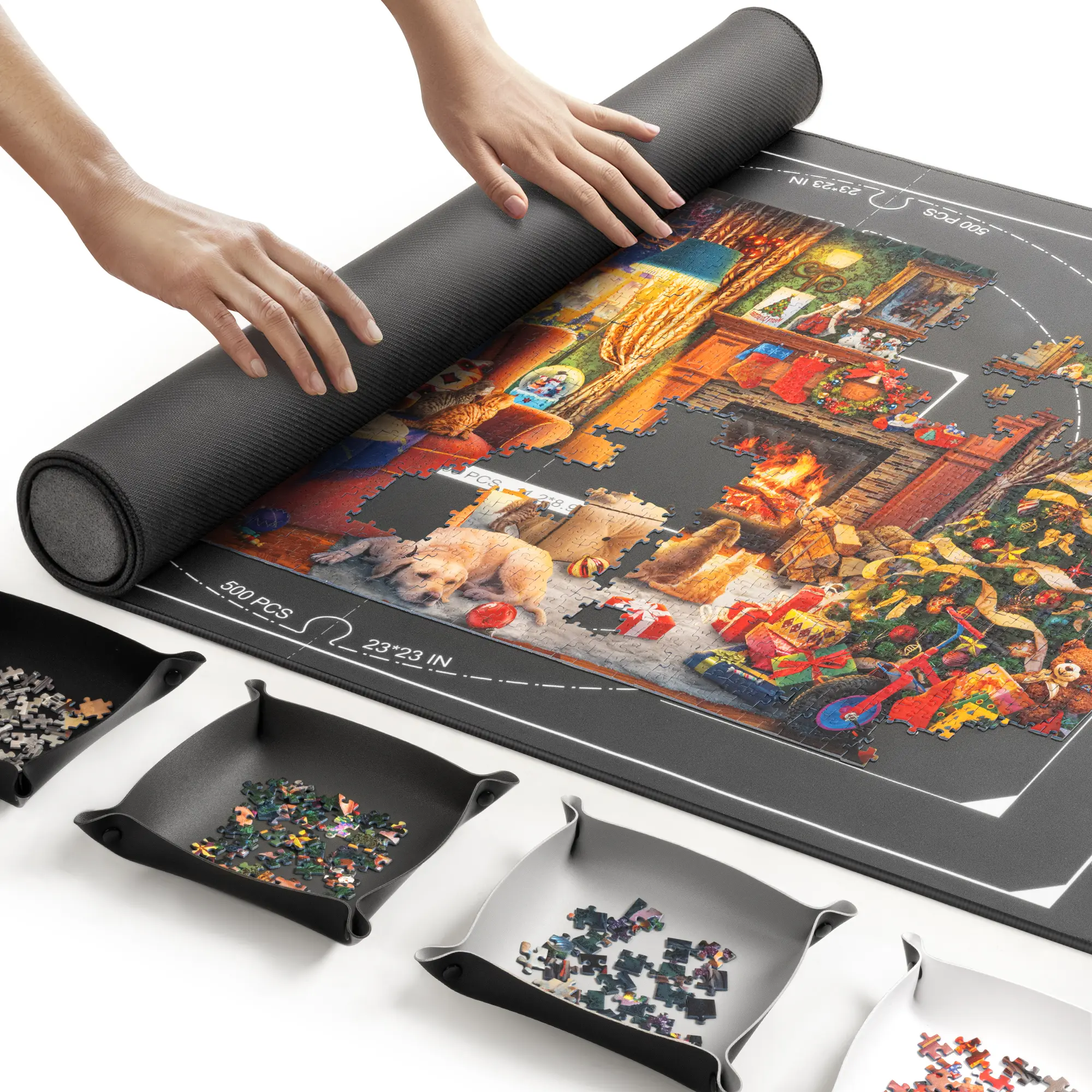 Ropoda 1 Puzzle Mat - Polyester & Natural Rubber Roll-Up Mat for 1500-Piece Puzzles, 46"x26" Compact Keeper with 4 Large Sorting Trays & Travel Bag, Easy Storage & Carry, Roll & Protect, Gift Idea for Enthusiasts