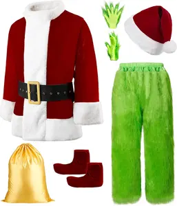 Semana Christmas Green Costume for Men 8 Pcs Furry Adult Santa Claus Costume Santa Suit