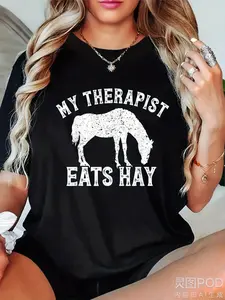 Funny Horse Lover T-Shirt - "My Therapist Eats Hay" Graphic Tee - Black & White Horse Design - Soft Breathable Shirt for Horseback Riders, Therapists