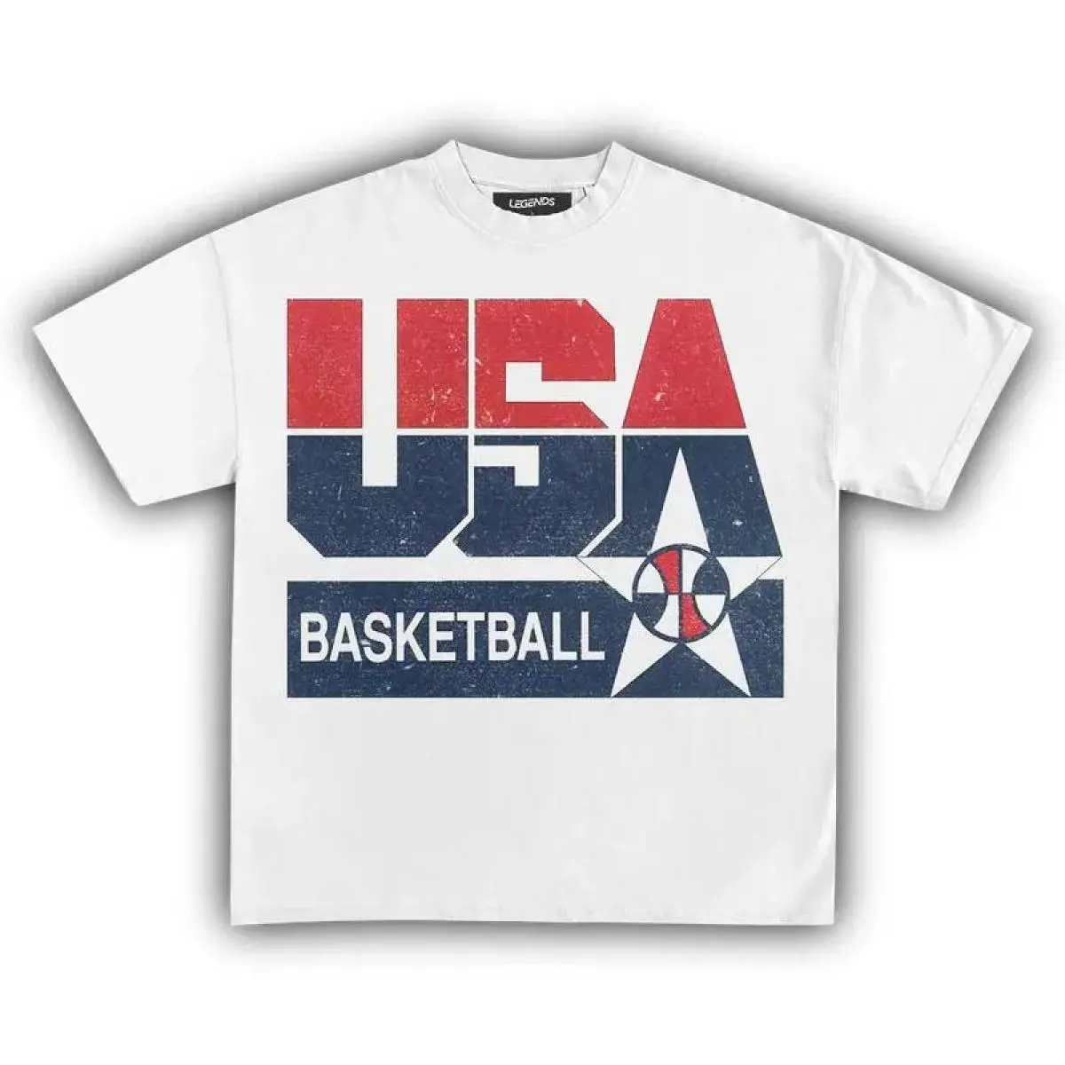 Men's Short-Sleeve Vintage USA Basketball Graphic T-Shirt - Unisex Boxy Heavyweight Cotton Oversized Dropped Shoulder Round Neck Casual Streetwear Top Crewneck Menswear