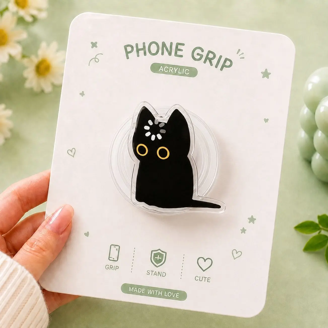 Cute Black Cat Loading Screen Phone Grip | Clear Acrylic Universal Magnetic Ring Holder | Funny Office Mood Phone Accessory Gift for Her