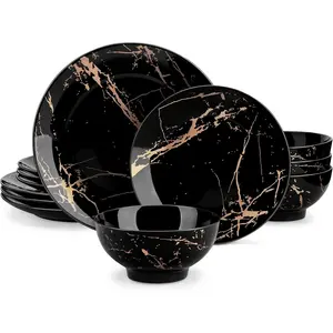 Plates and Bowls Sets for 4, 12 count Porcelain Dinnerware Sets, Black and  Dish Set  Splash Dishware Sets, Dishwasher Microwave Safe