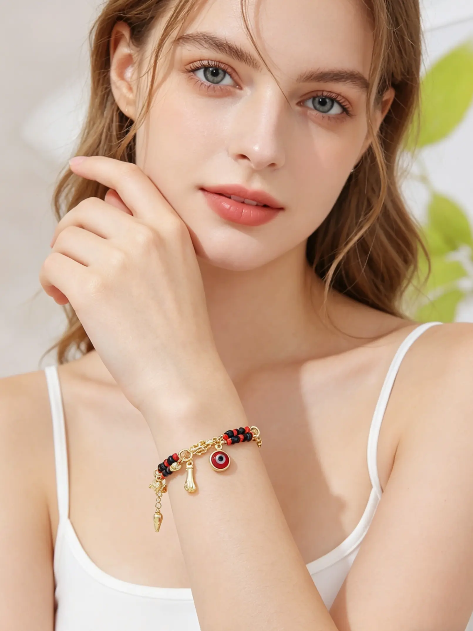 1 Piece Bohemian Style Copper Plated Bracelet, Red and Black Beaded Evil Eye Elephant Bracelet, Fashion Bracelet