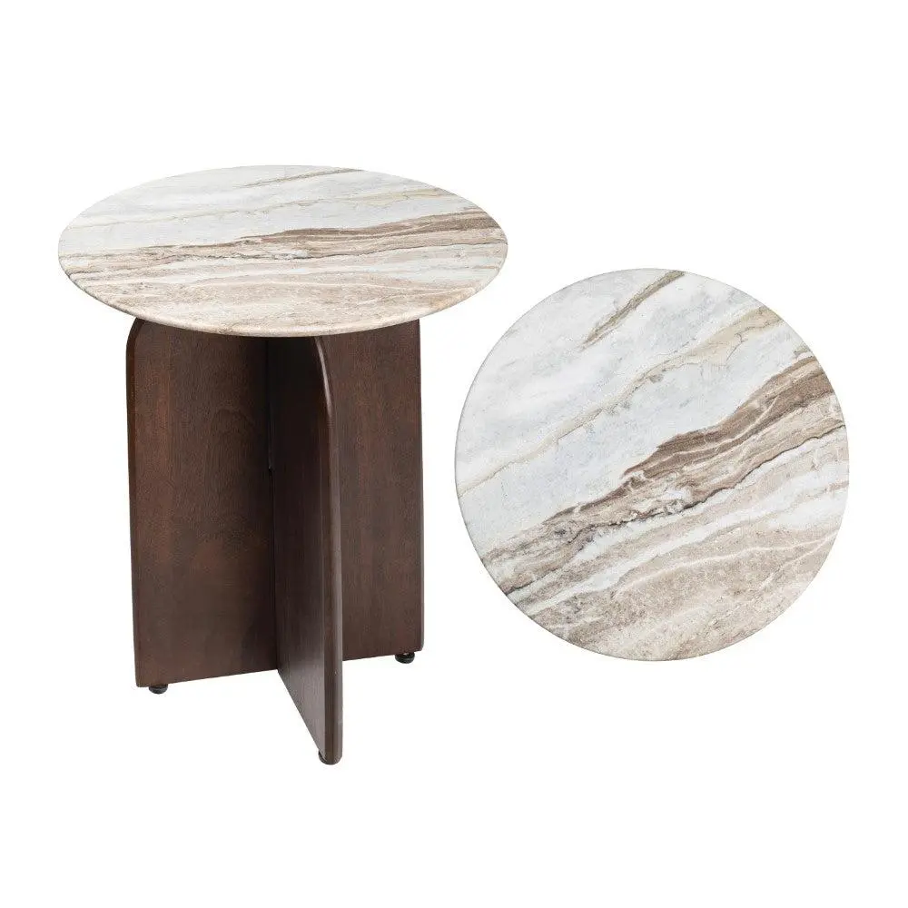 JONATHAN Y Naomi 18-in Round Rustic Minimalist Marble-Top Walnut Brown X-Base Accent Side Table, for Living Room Sofa, Club Chair Decor