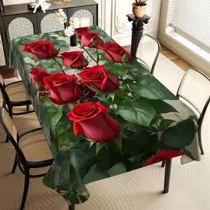 1 Romantic Red Rose Tablecloth | Fill The Table with Roses and Immerse Yourself in A Sweet Atmosphere While Dining. The Rectangular Durable Polyester Fabric Is Suitable for Indoor/outdoor Use Throughout The Season