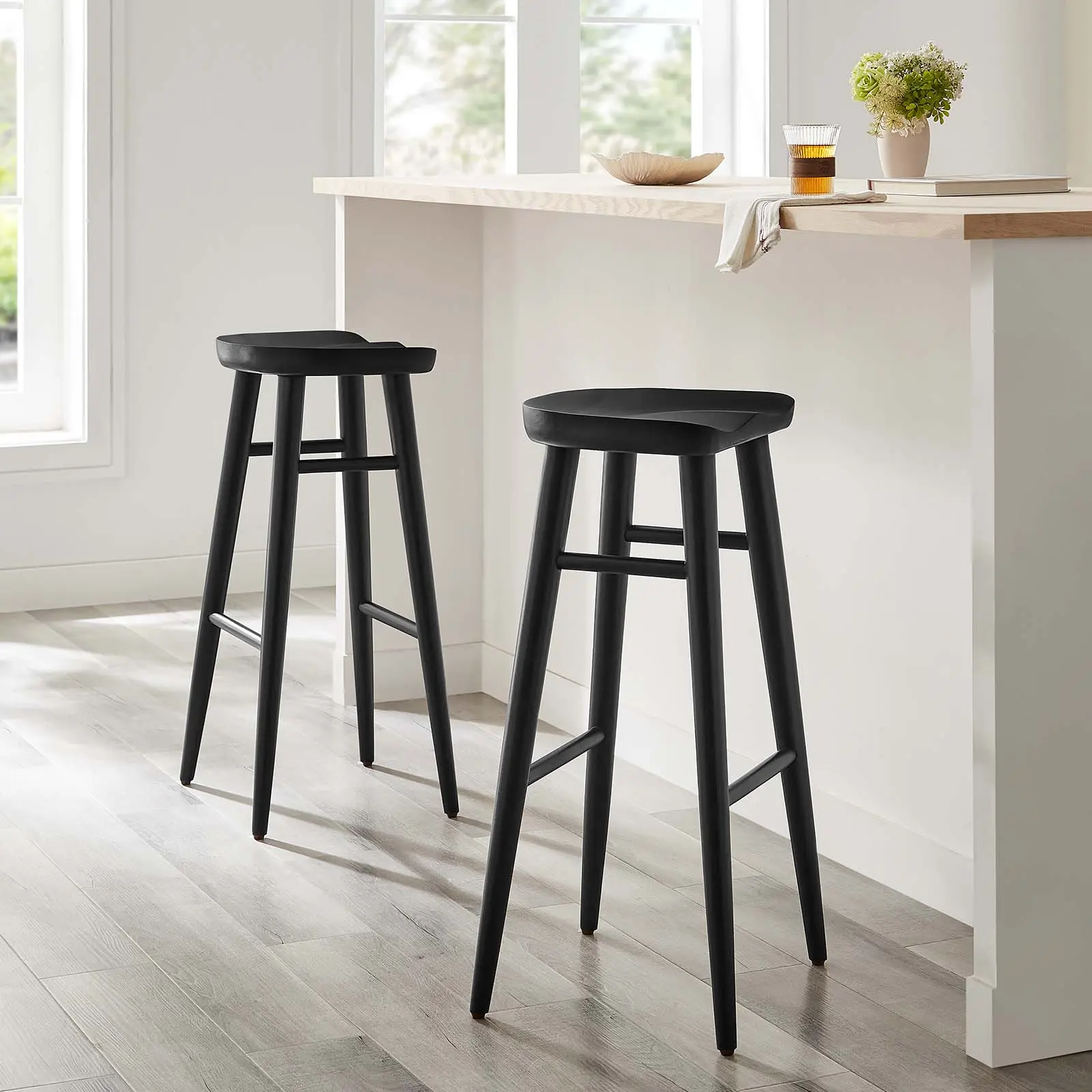 Modway Saville Backless Wood Bar Stools - Set of 2, Black, Contemporary Style with Rustic Charm, Durability, Adjustable ft Glides, Ideal for Kitchen Counter