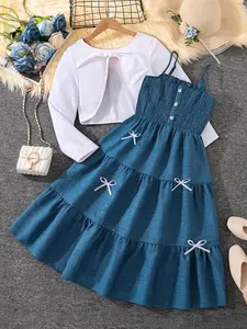 Girls' Blue Classic Color Block Long Sleeve Short Jacket Set with Bow Detail, Fashionable Summer, Casual Wear, Fashion Clothes Set