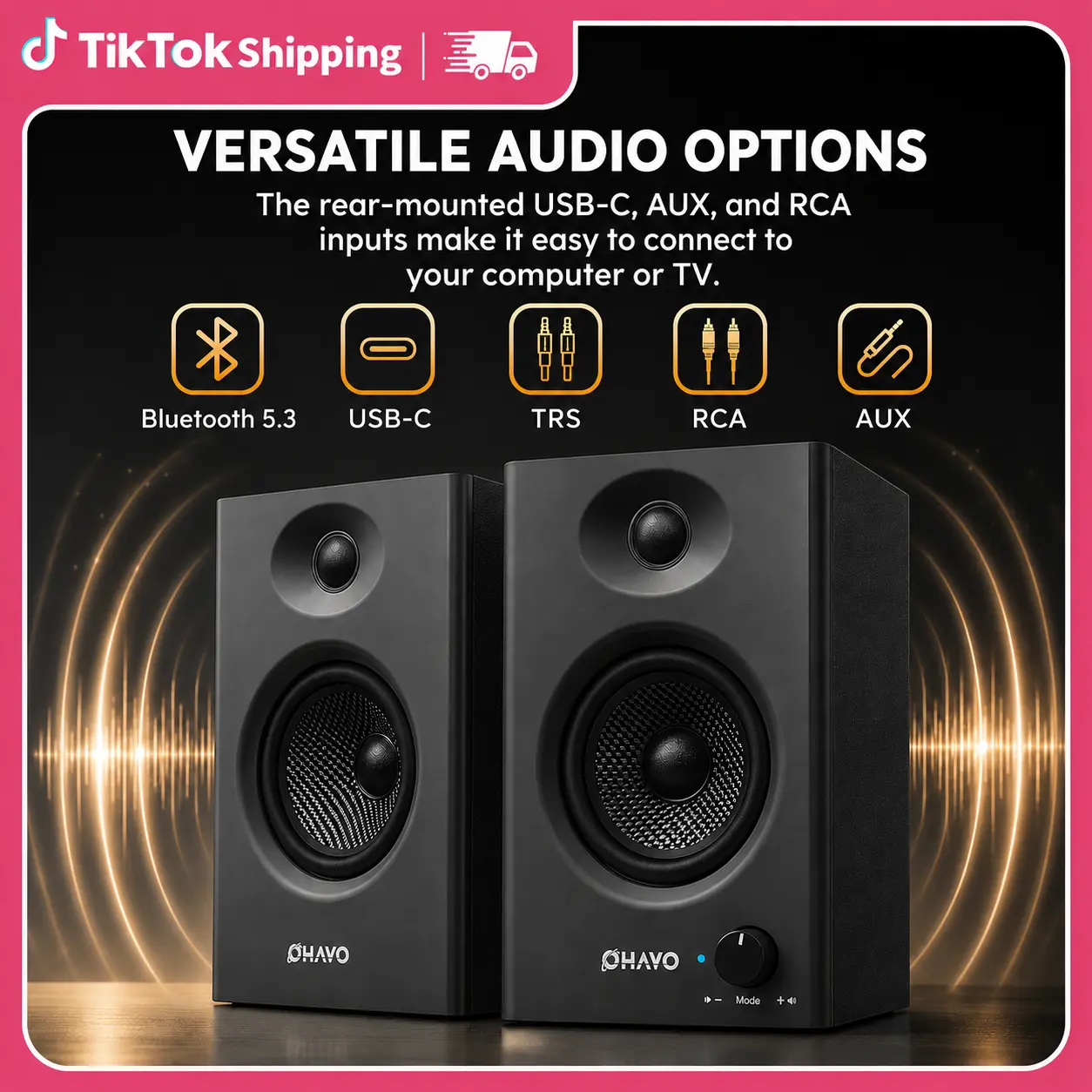 OHAYO 60W MDF Wood Bookshelf Speaker Bluetooth 5.3, Active 2.0 Stereo USB Type C Speakers for Desktop PC/Laptop, 3.5mm Aux RCA Input, 1 Pair Black Yes TikTok Shop Back to School