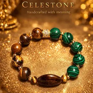 Celestone Malachite and Tiger Eye Bracelet with Gold Accents Handcrafted with Meaning