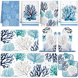 10 count Summer Coral Oven Mitts Pot Holders Kitchen Rugs and Towels Set Absorbent Kitchen Towels Non Slip Heat Resistant Oven Gloves for Summer Baking Cooking BBQ Gifts Decor