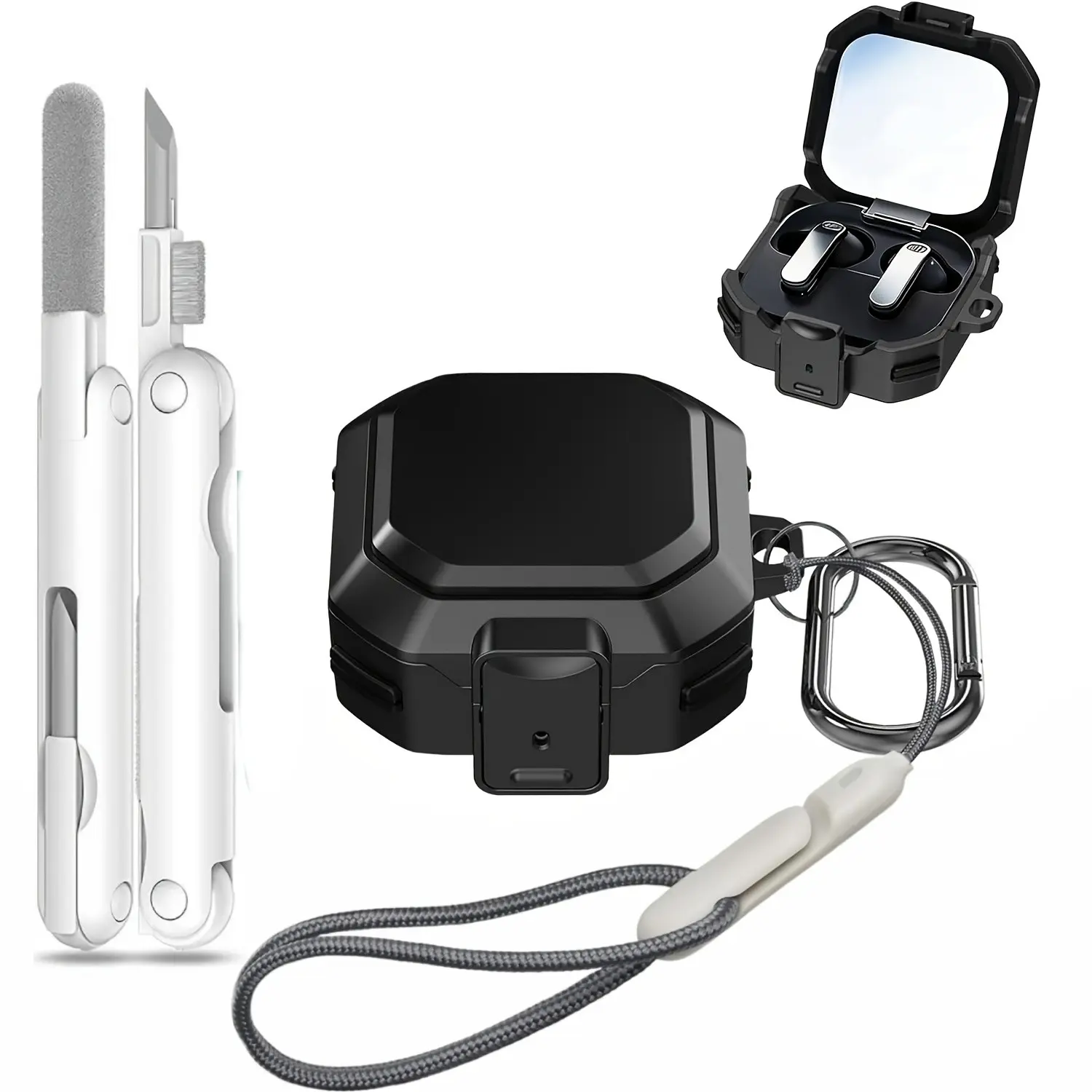 Lock Case Compatible with Galaxy Buds 4/Buds 4 Pro with Cleaning Pen Kit,Shockproof Rugged Earphone Protective Cover Keychain and Strap for Women Men