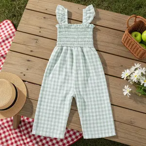 Global Baby Girls Fashionable Plaid Sleeveless Square Collar Ruffled Jumpsuit Cute Infant Holiday Outfits imported baby clothes shoulder tie jumper
