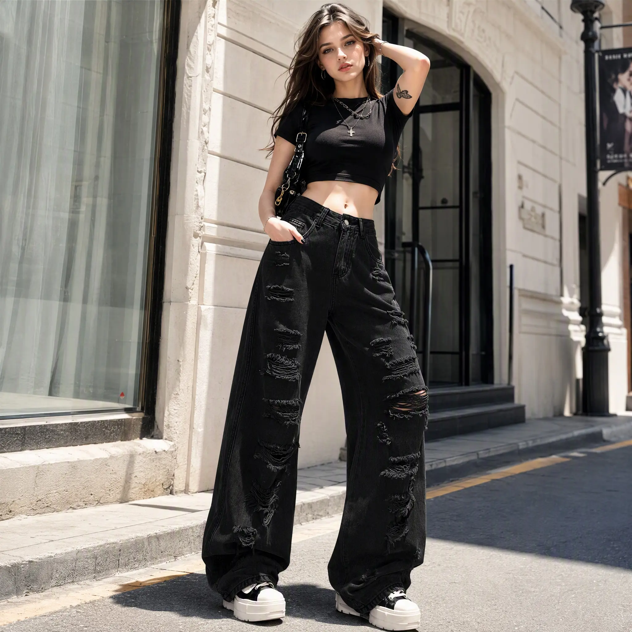 Womens Charcoal Black Baggy Jeans Mid Rise Wide Leg Denim Pants with Faded Vintage Wash Relaxed Loose Fit Full Length Streetwear Jeans for Women Casual Skater Pants Y2K Oversized Denim Trousers for Daily Wear Travel Festival Concert and Going Out Outfit