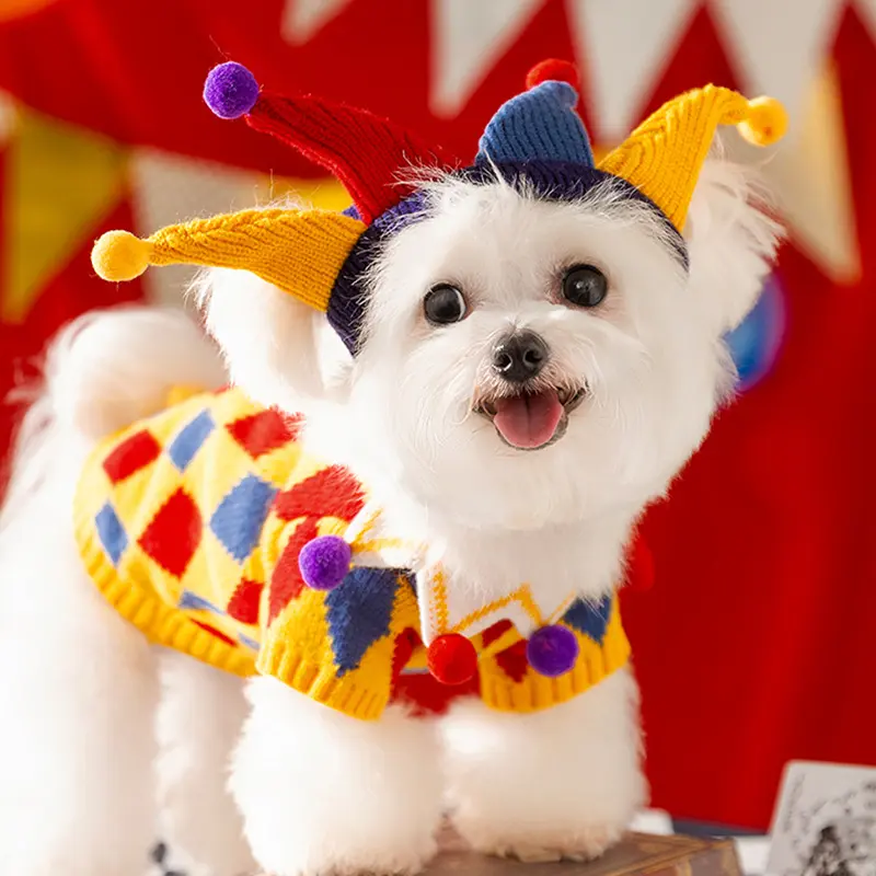 Crazy Circus Pet Clown Costume Set with Hat, Colorful Pom-Pom Tunic for Dogs & Cats, Funny Festival Outfit for Halloween