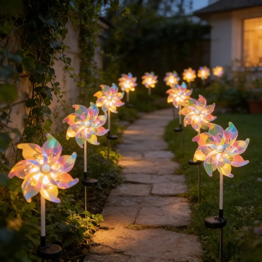 Solar LED Wind Spinners with Kinetic Wind Sculptures, 8-Mode Solar-Powered Outdoor Decor, Colorful Color-Changing Pathway Lighting for Yd & Garden, Includes 1 x AA 600mAh Ni-MH Battery, Glowing